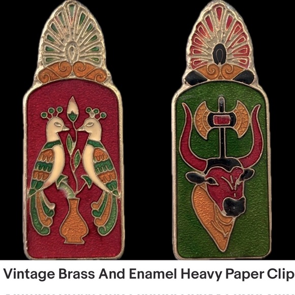 Vintage Other - 🐂🦚Peacock/Bull Vintage Brass & Enamel Cloisonné Mail Clip/Paper Clip/Desk Clip